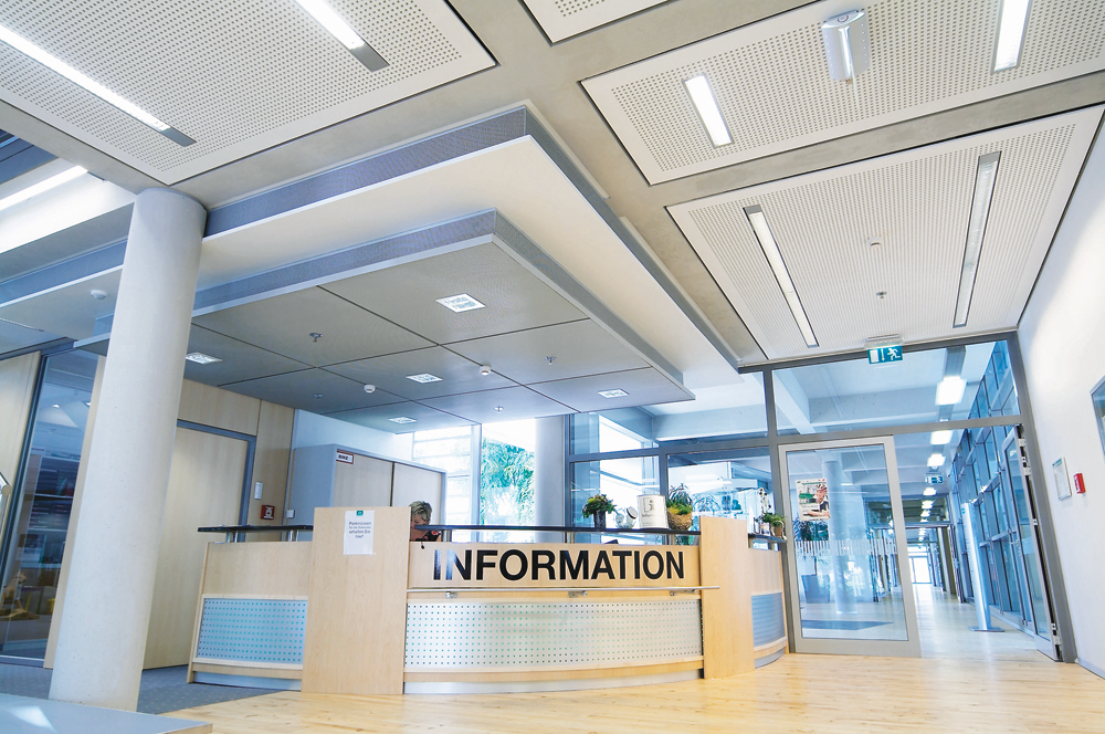 Moderner Informationsschalter in hellem Empfangsbereich mit Pflanzen, Glastüren und neutralen Farben.